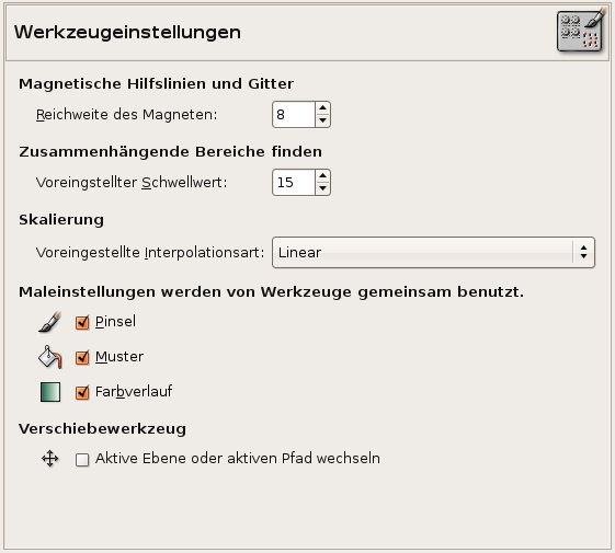 Die Einstellungsansicht, um die Werkzeuge anzupassen